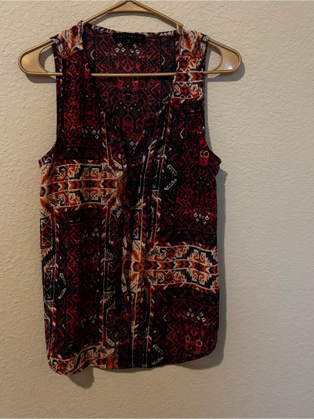 Sanctuary Womens Sleeveless Blouse Brown Burgundy Tribal Print Ruffle Sz Medium